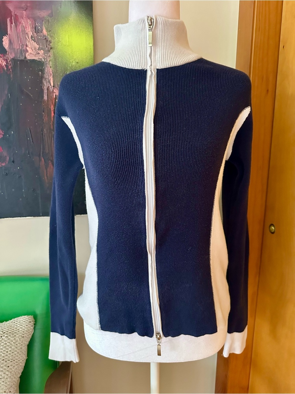 Boston Proper Navy and Cream Zip-Up Turtleneck Sweater